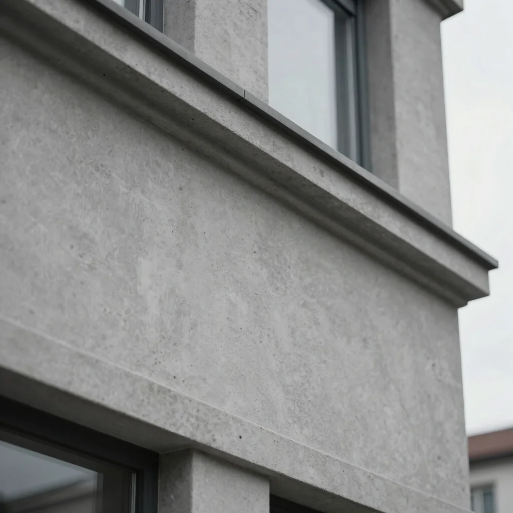 Sharp detail close-up of architectural plastering on a building exterior, clean overcast daylight, cool concrete tones,
