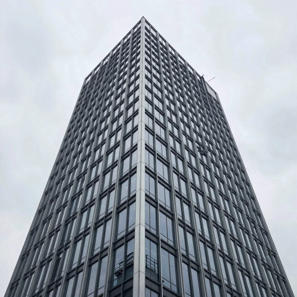 Low-angle shot of a structural glazing installation on a high-rise, clean lines, cool steel tones, sharp detail, overcas