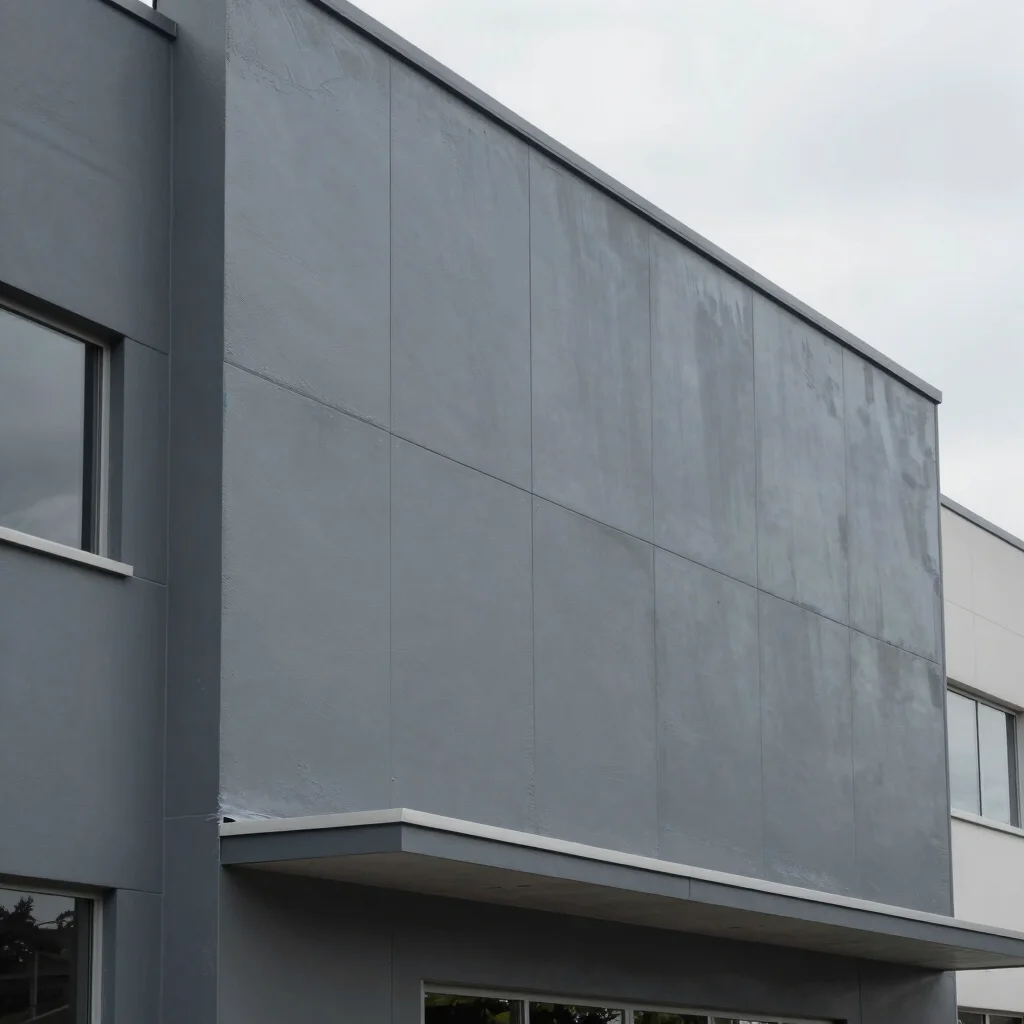Exterior facade painting in progress on a commercial building, highlighting surface execution, overcast daylight, cool g