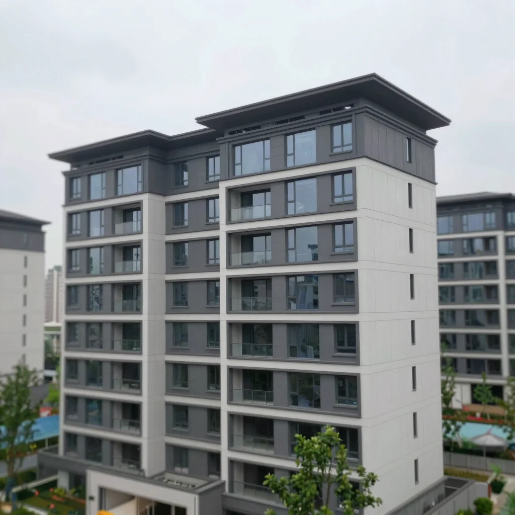 Finished architectural elevation of a residential development, clean lines, cool tones, sharp detail, overcast daylight,