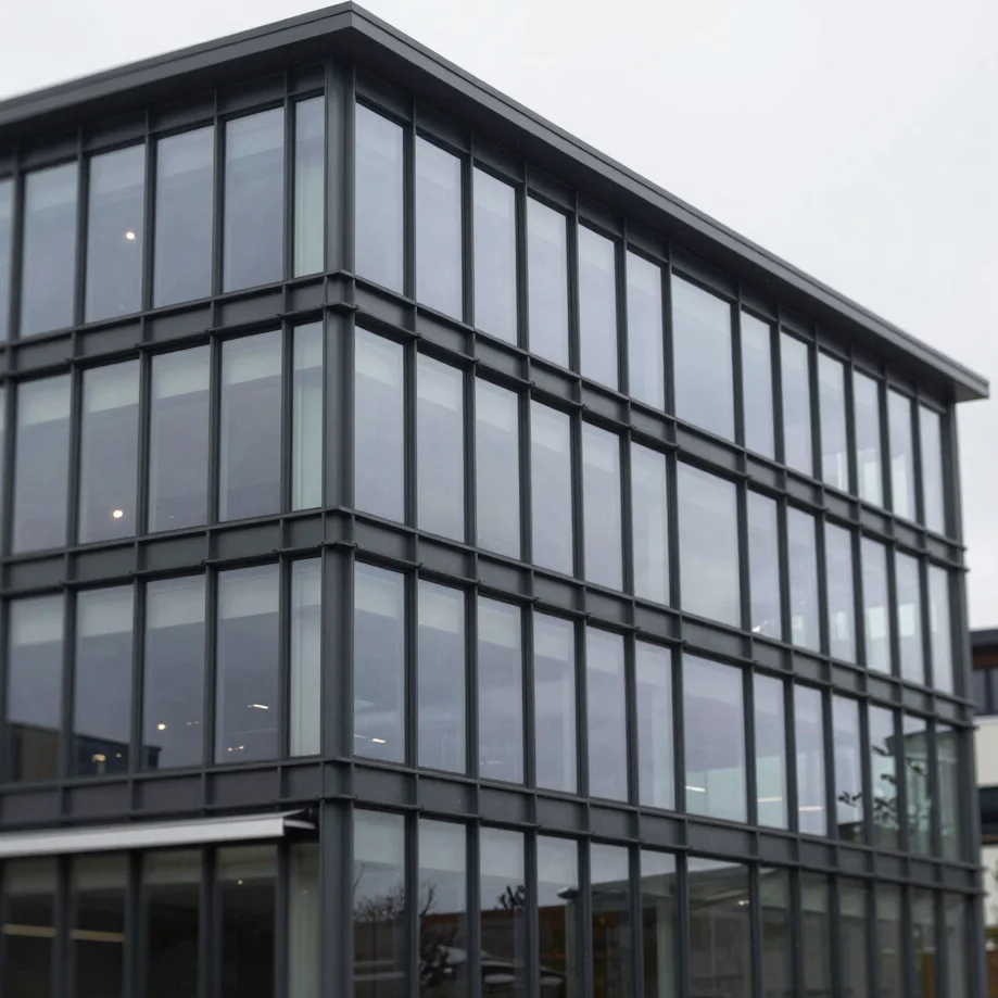 Crisp architectural photograph of a modern commercial facade with clean glazing installation, overcast daylight, cool gr
